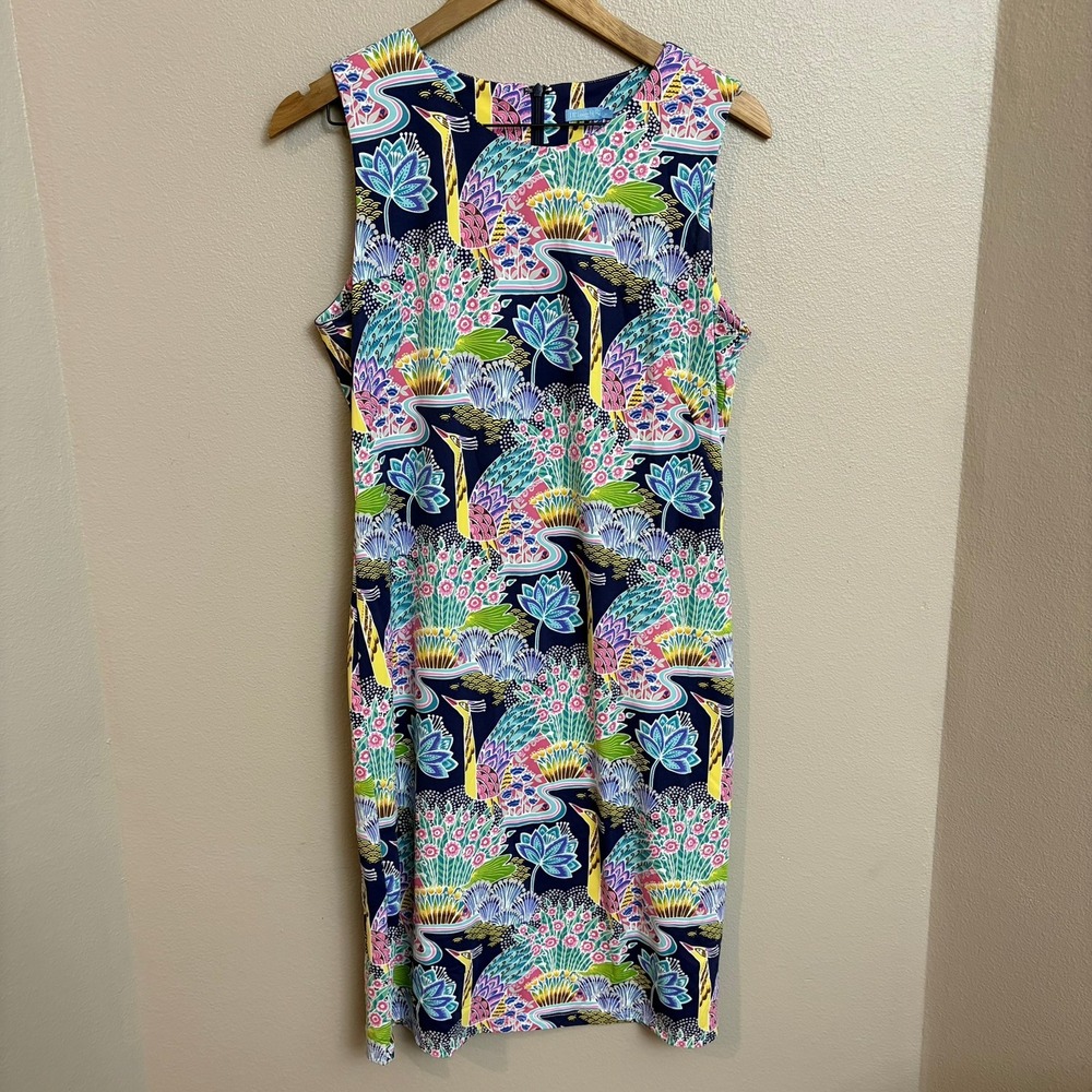 J. McLaughlin Sheath Dress Medium Peacock Floral Sleeveless Preppy Coastal